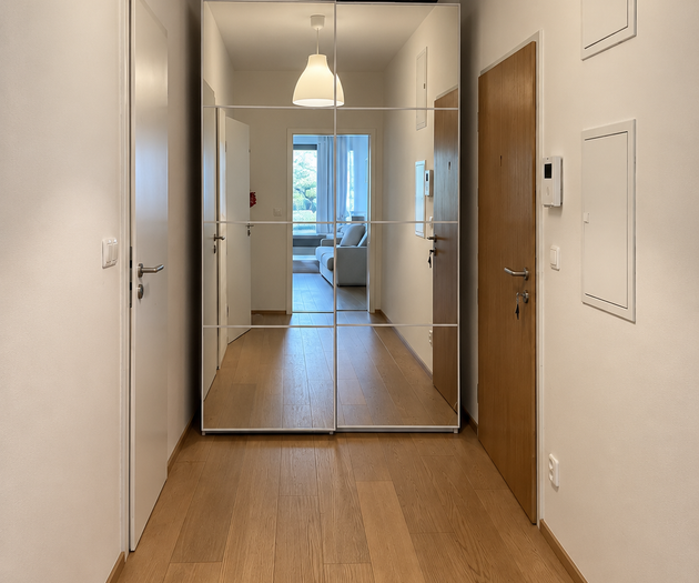 Hallway with mirrored closet