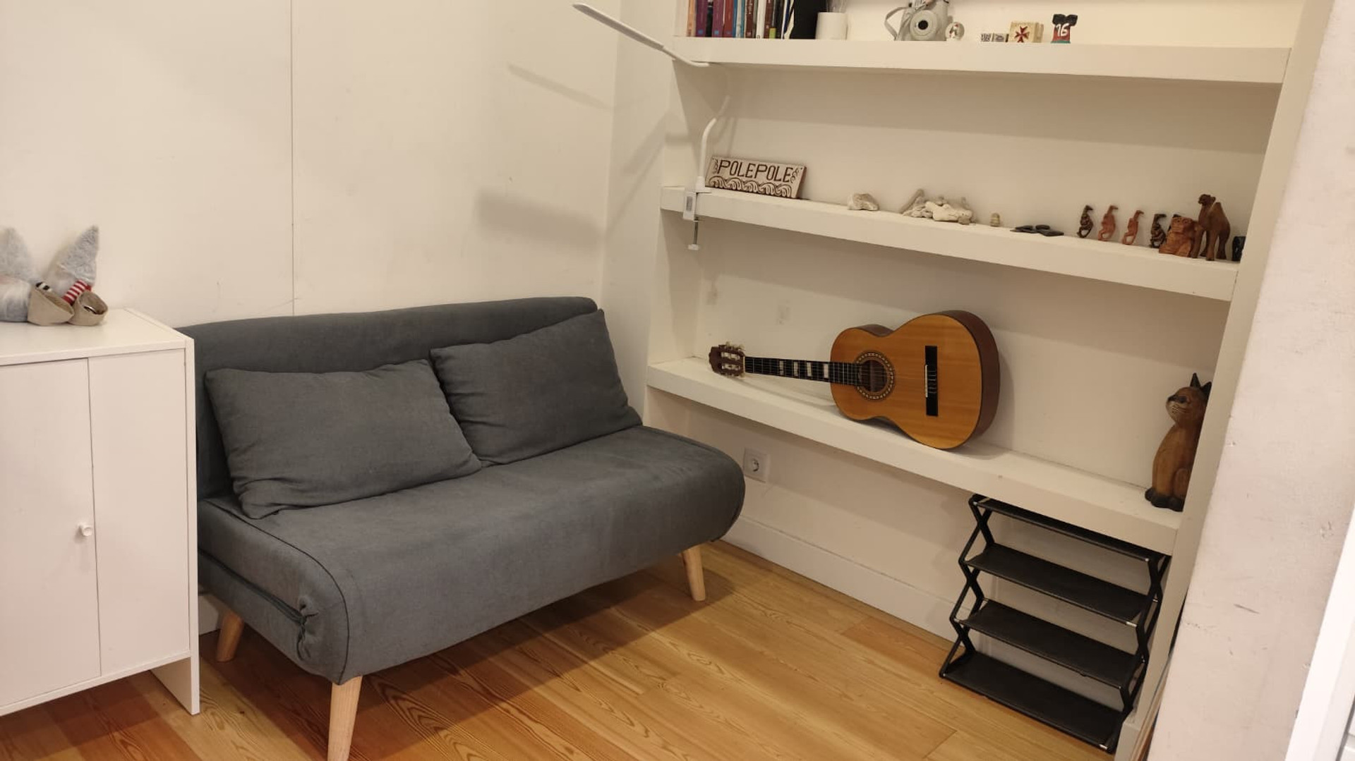 Living area with sofa and shelves