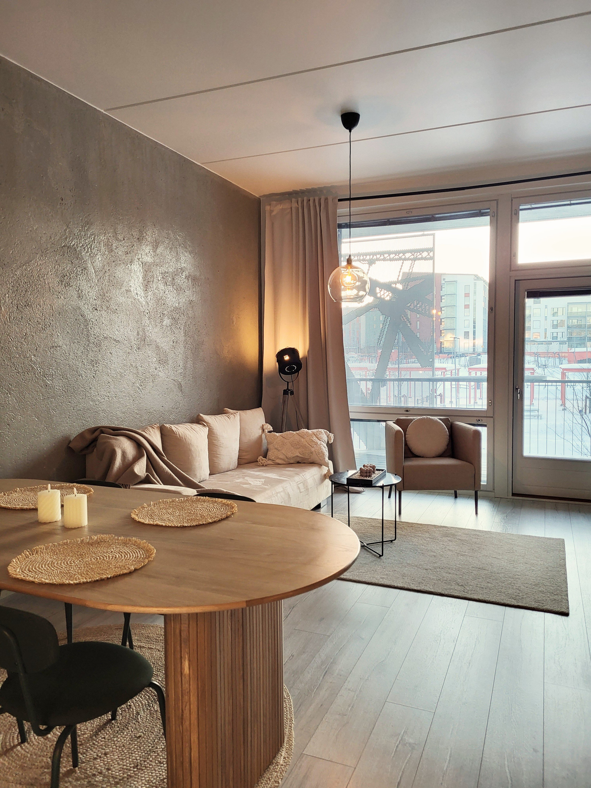 Dining space and living room