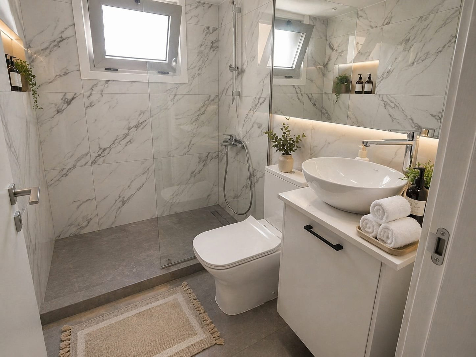 Marble bathroom with walk-in shower