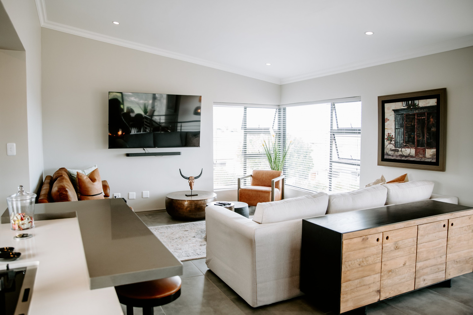 Bright living room with corner windows