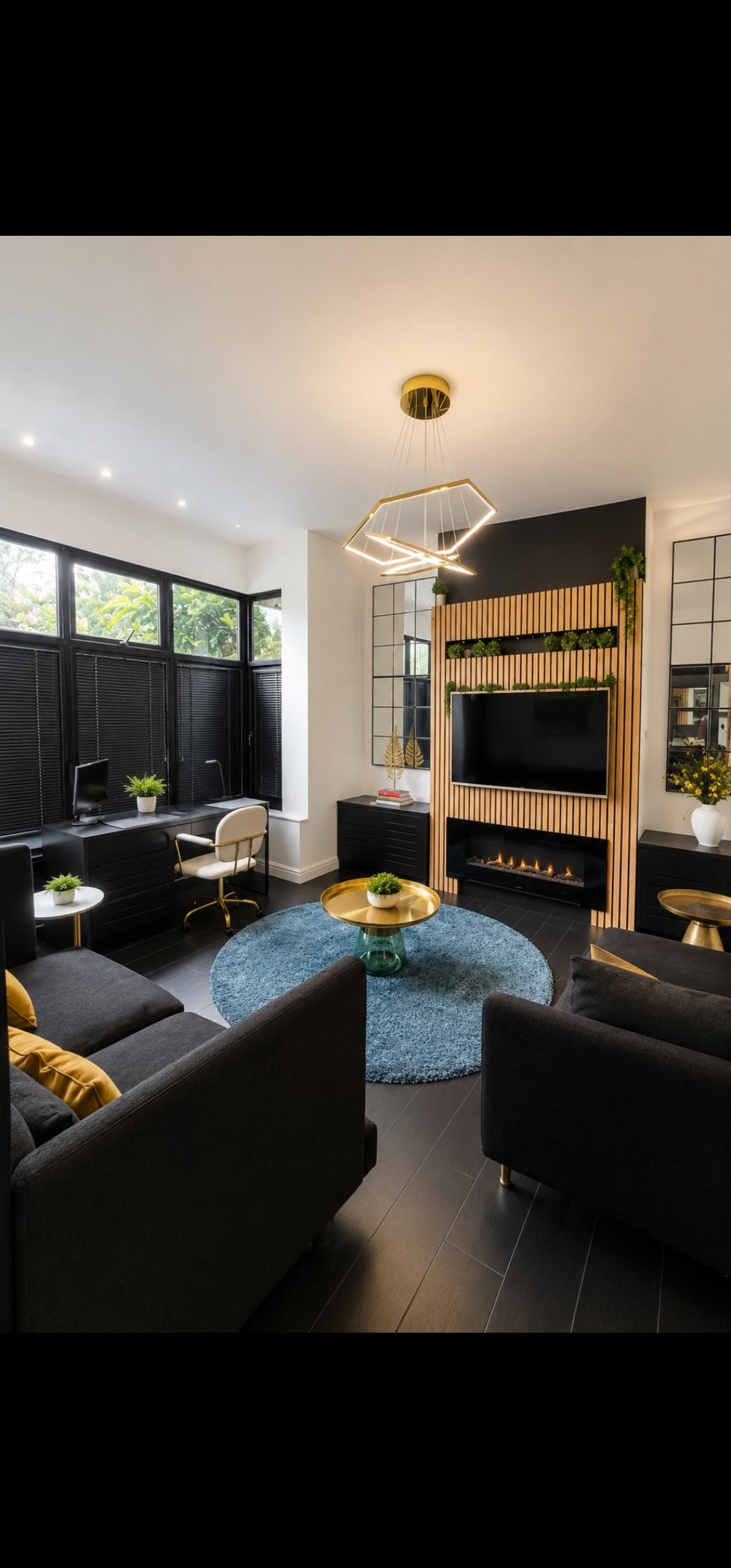Bold living room with fireplace