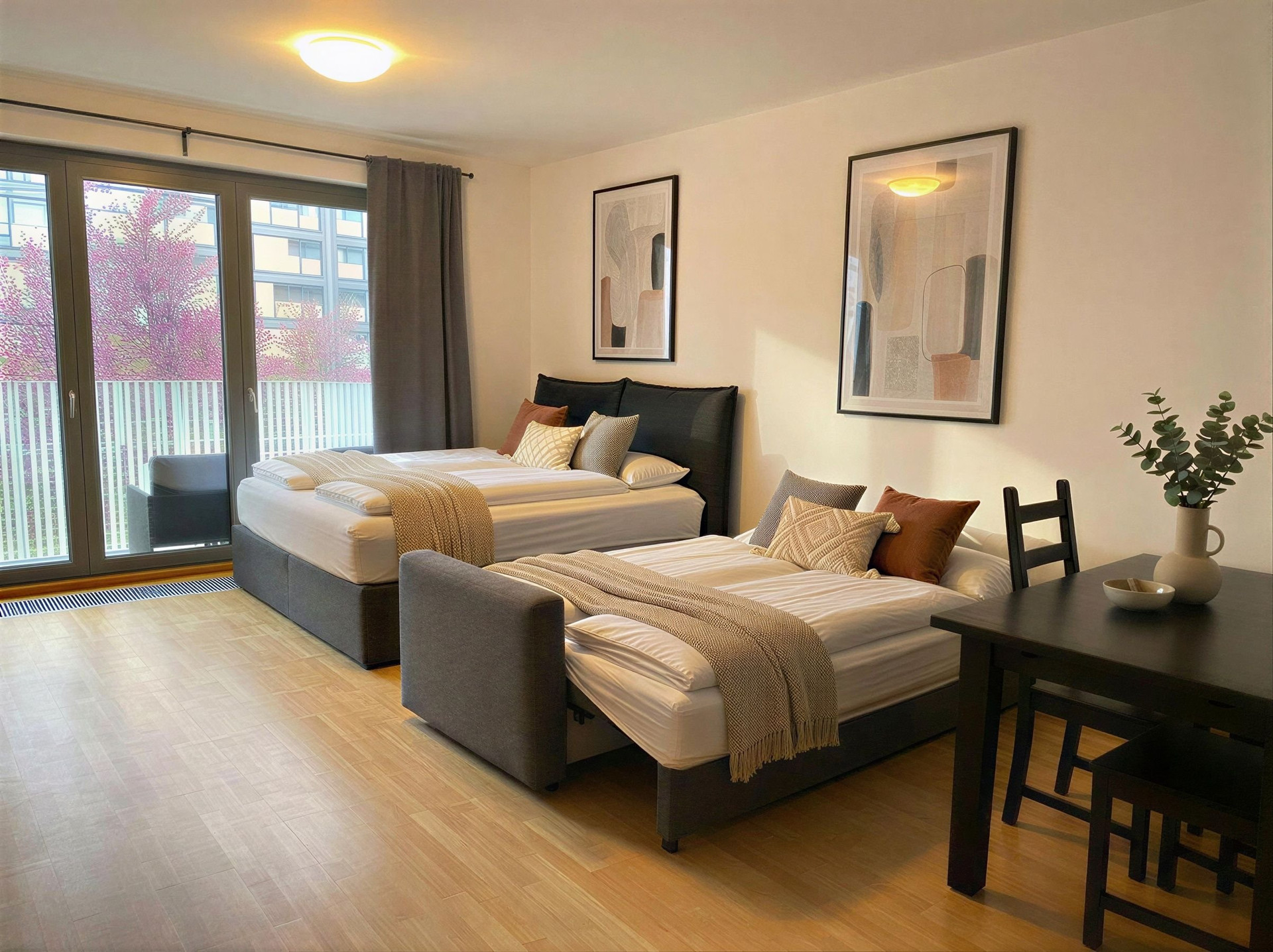 Sunny living space with sofa beds