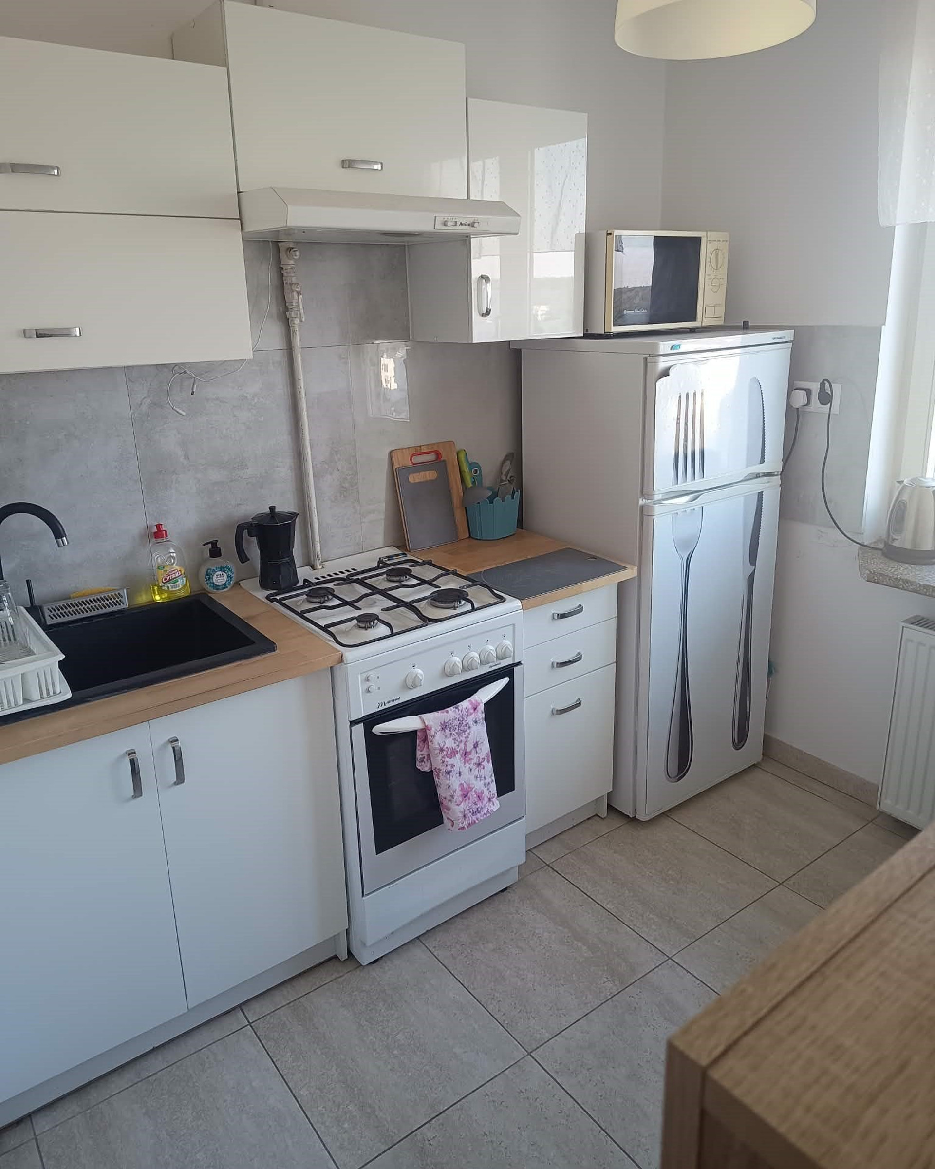 Kitchen with stove and fridge