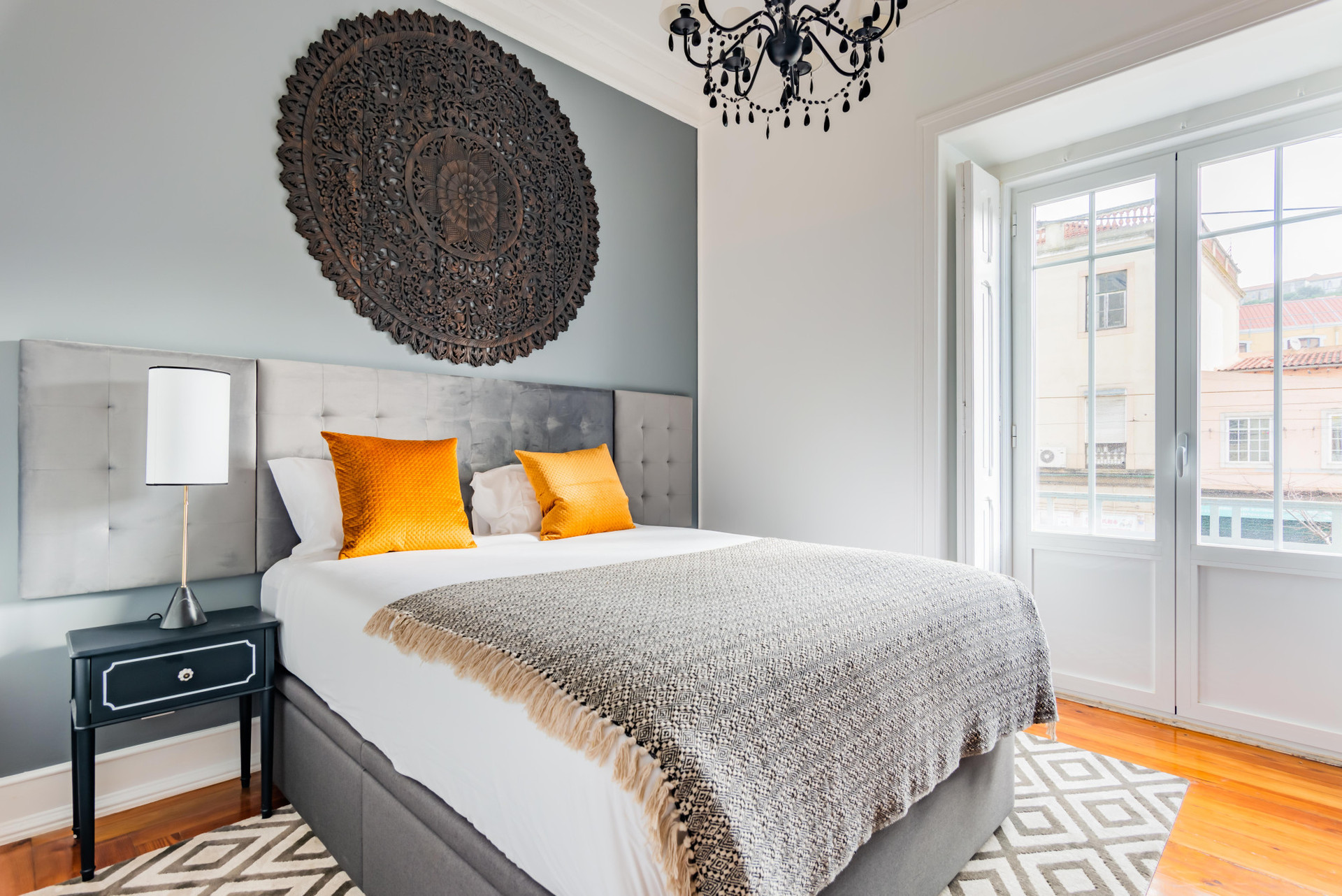 Bedroom with a double bed and a desk
