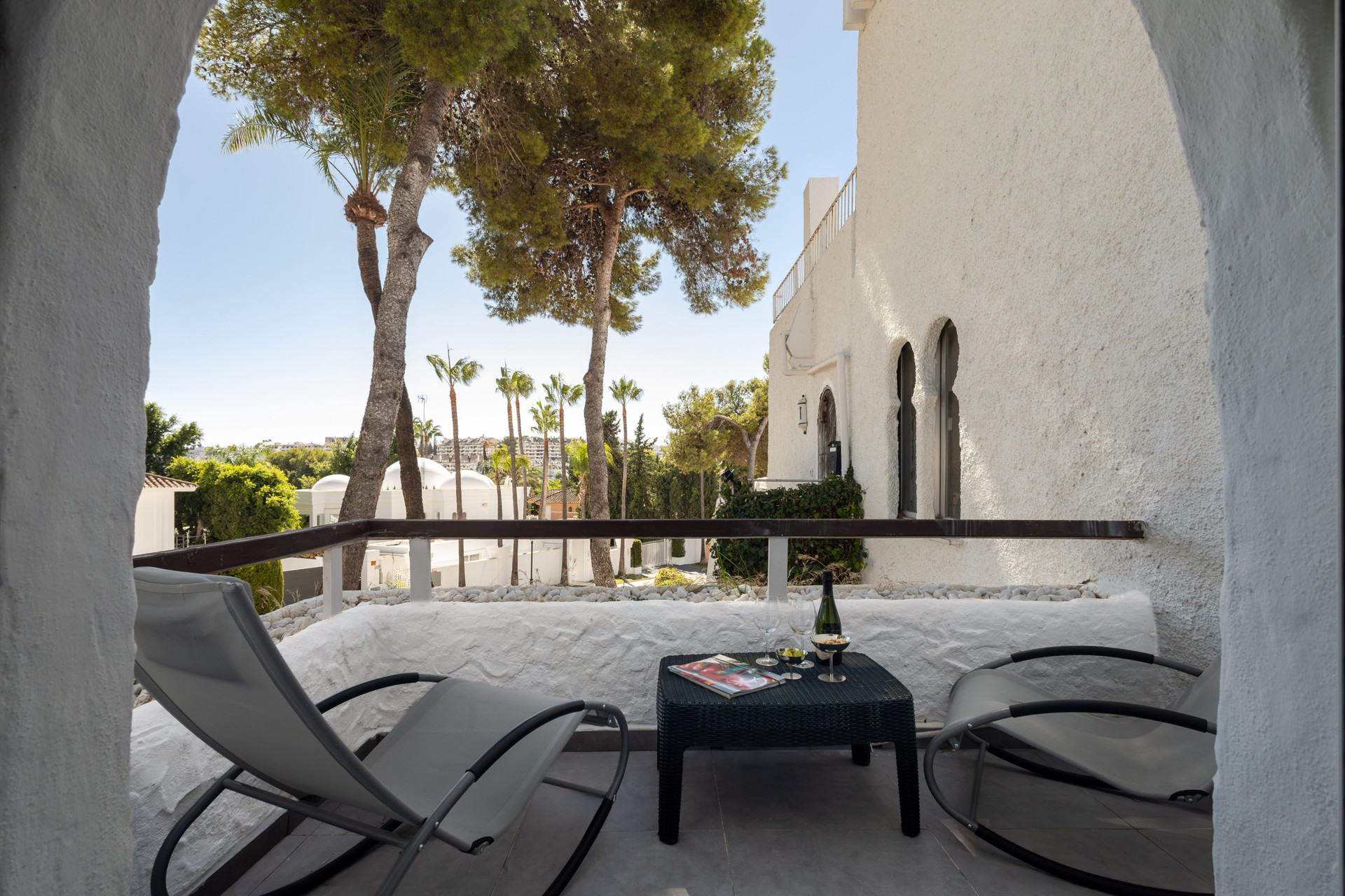 Balcony with lounge chairs