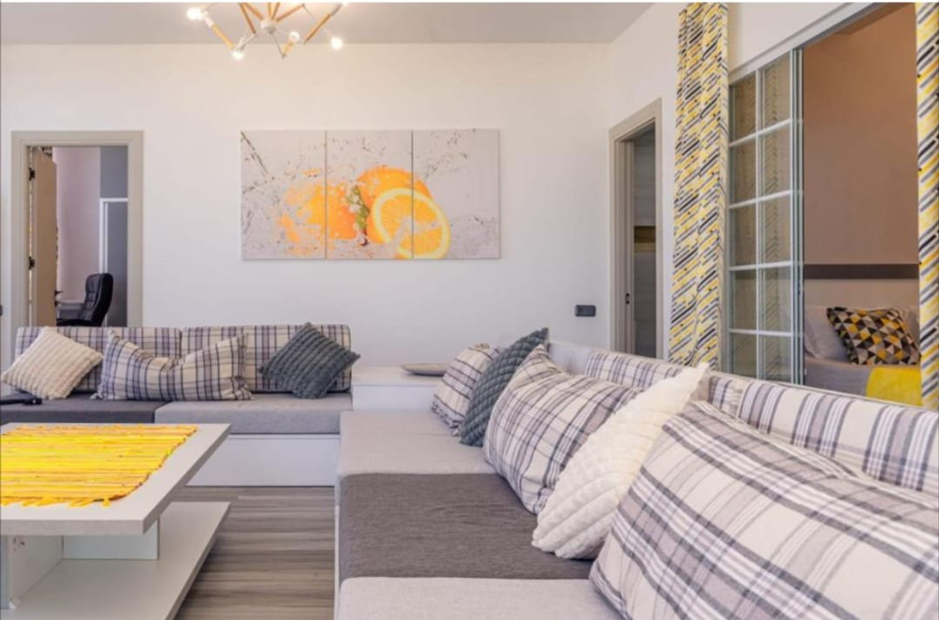 Living room with plaid sofas