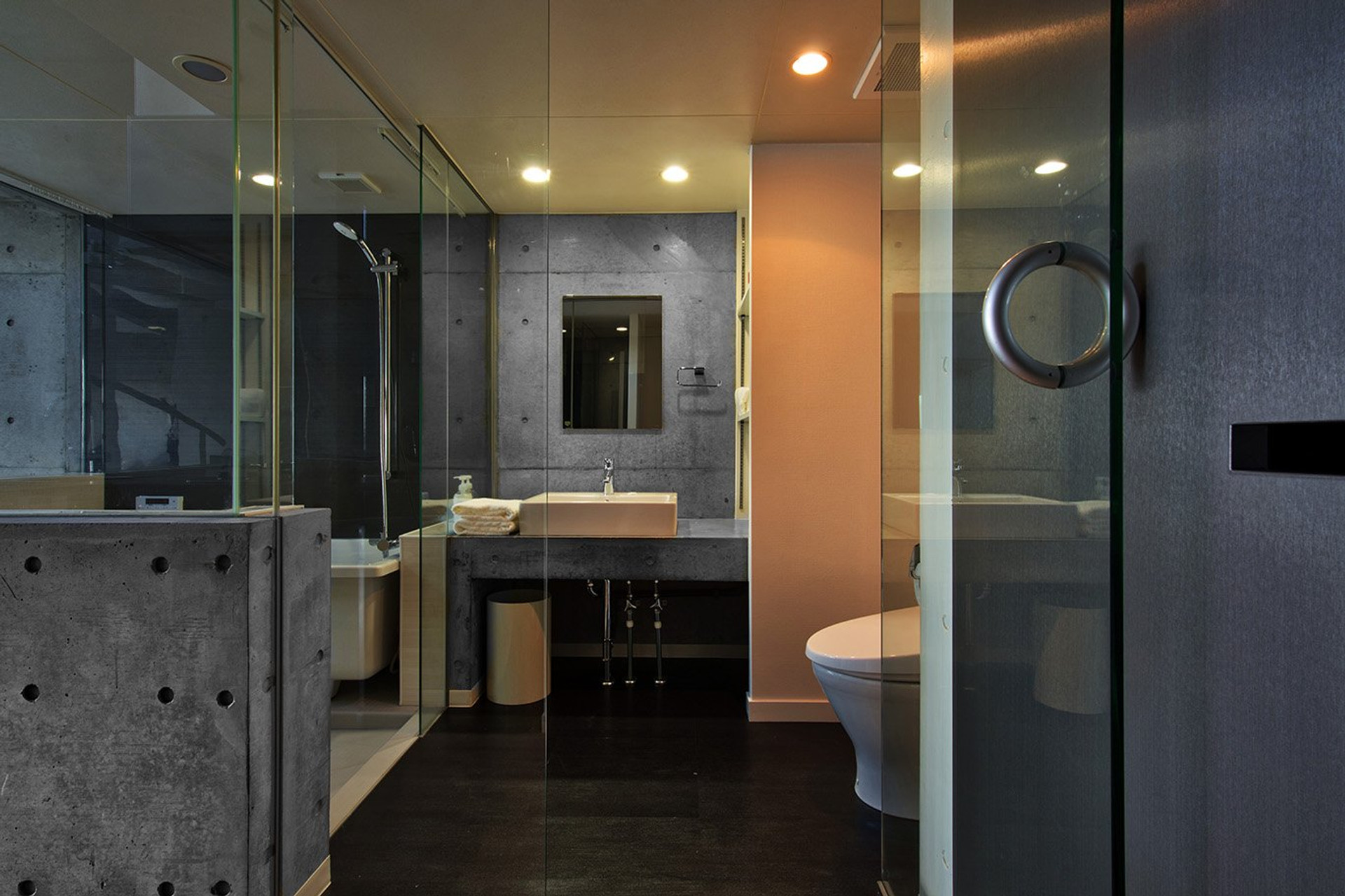 Glass-walled bathroom with concrete vanity