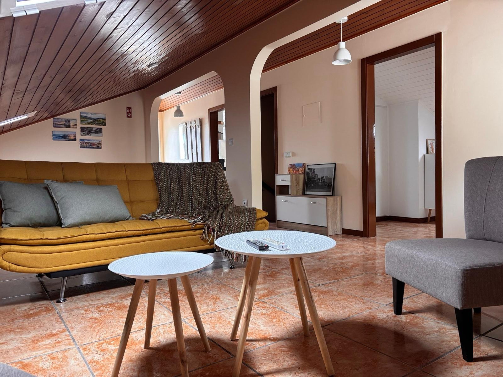 Living room with yellow sofa