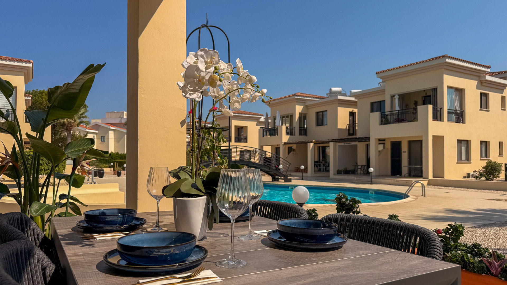 Terrace dining pool view