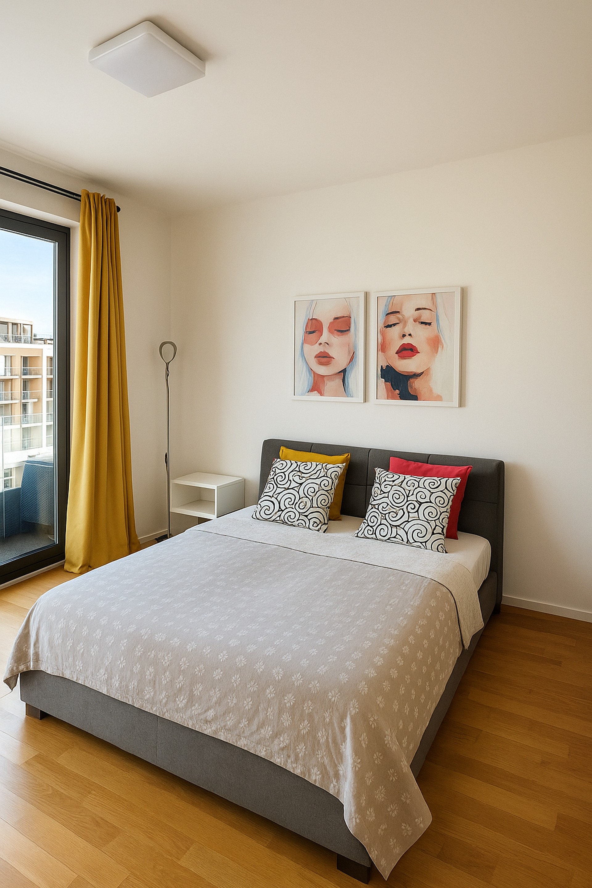 Bright bedroom with yellow curtains