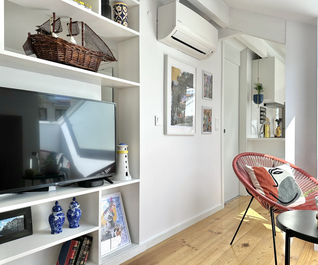 Living room shelf and armchair