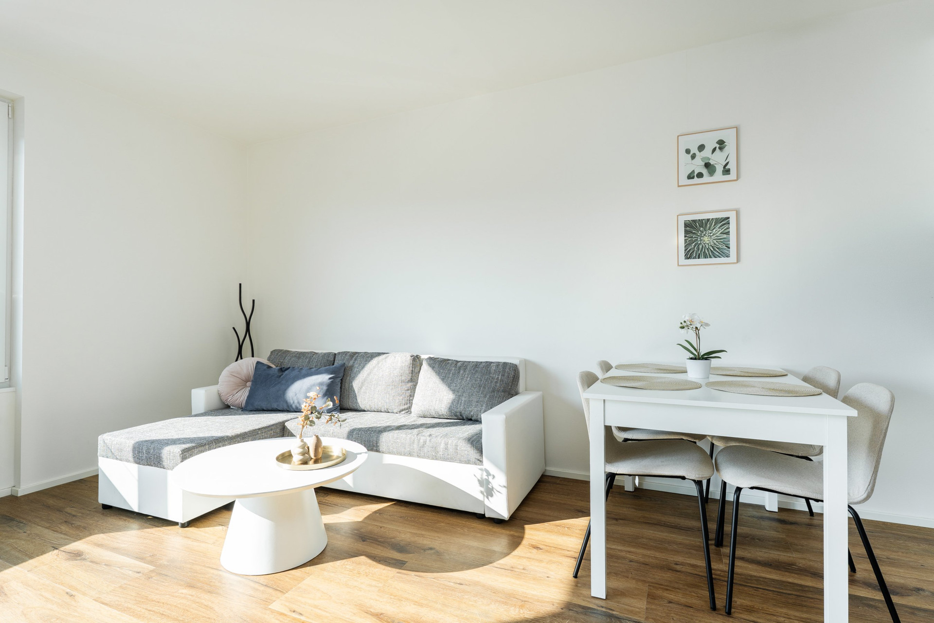 Living room seating and dining area