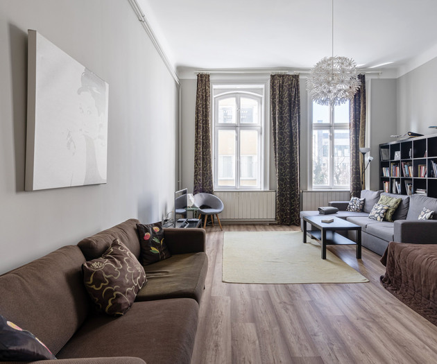 Long living room with sofas
