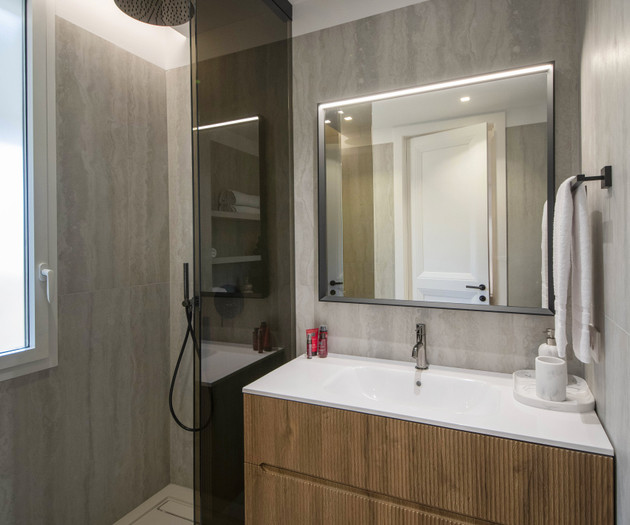 Bathroom vanity and shower