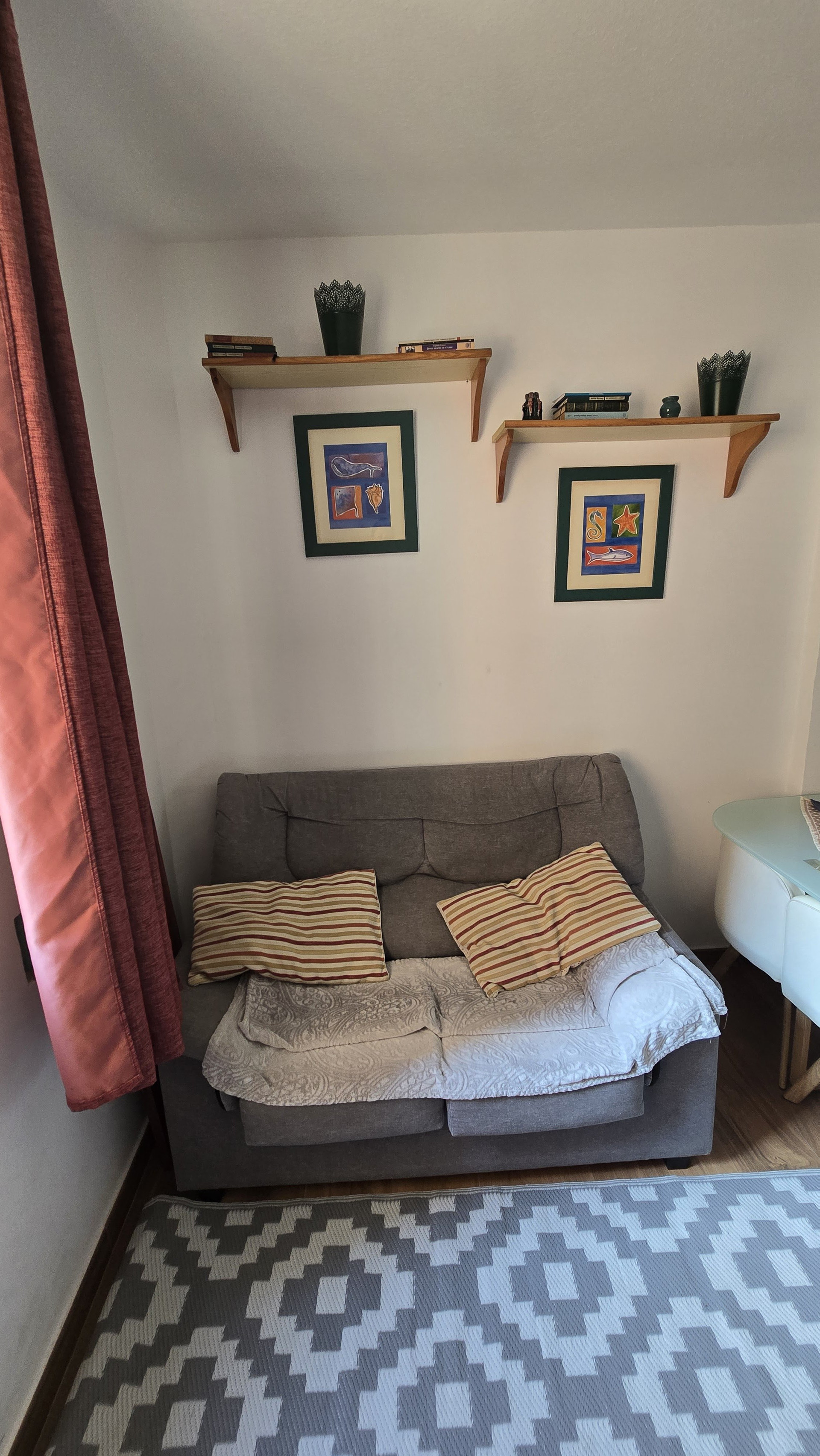 Cozy sofa with wall shelves