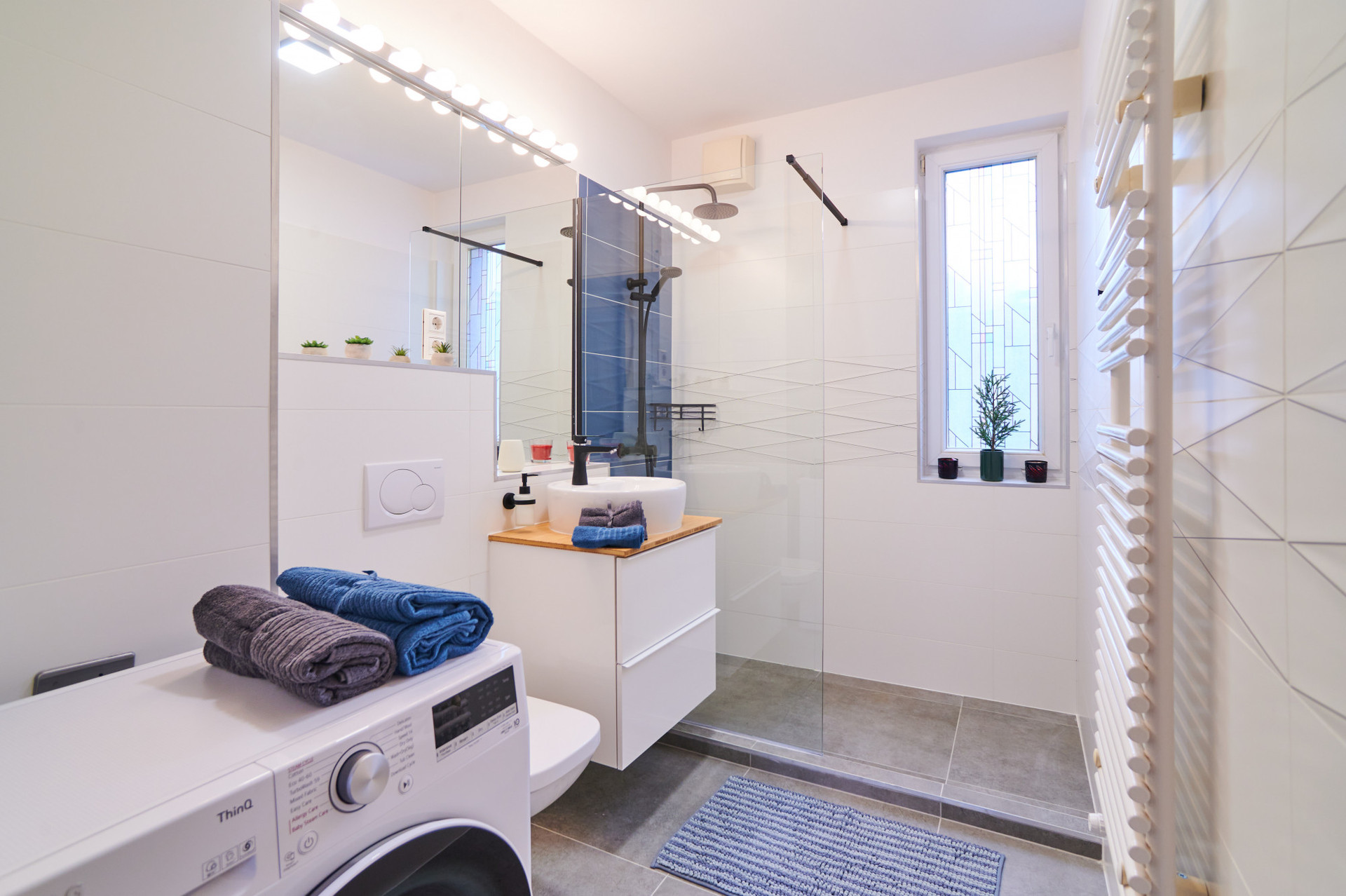 Bright bathroom with walk-in shower