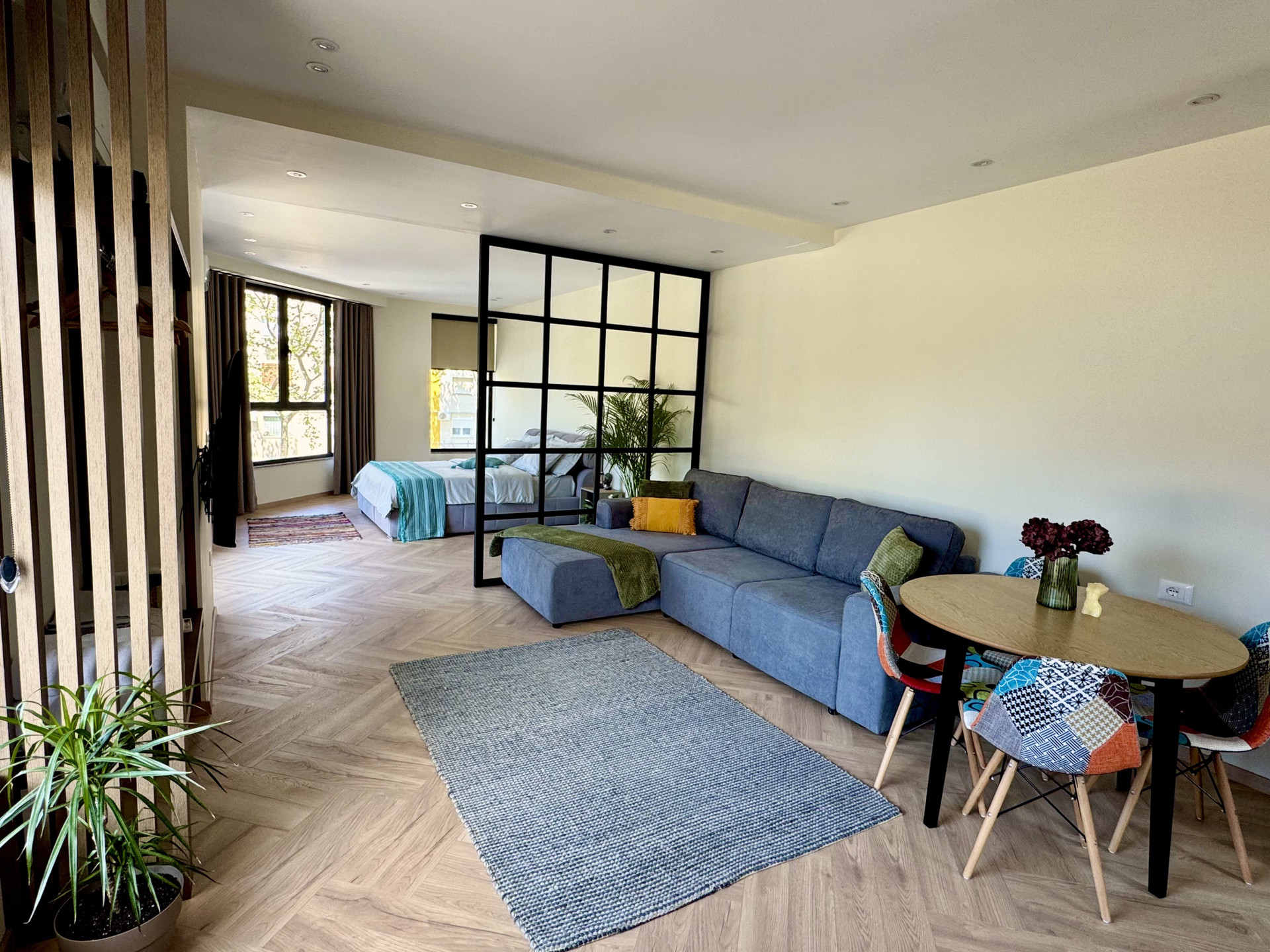 Living area with sofa and dining