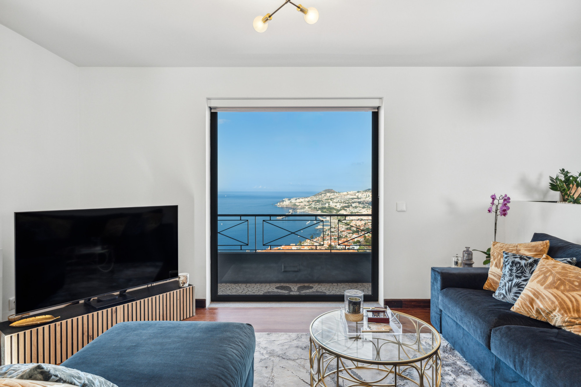 Living room with comfortable sofa and television