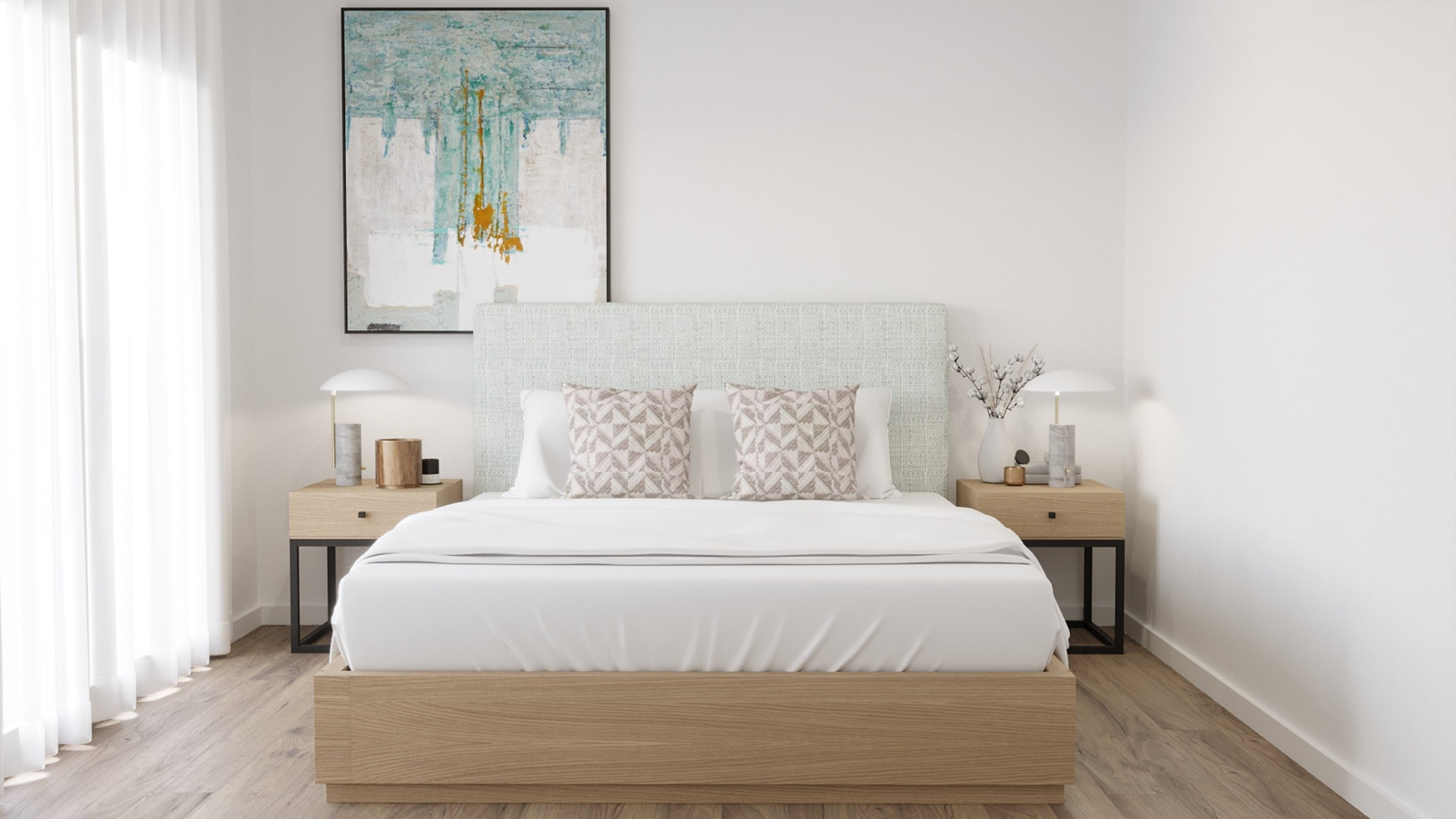 Bedroom with teal artwork accent
