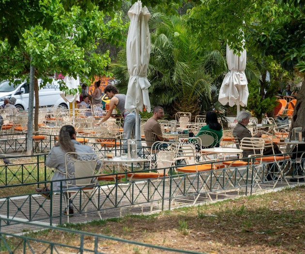 Park seating area with people