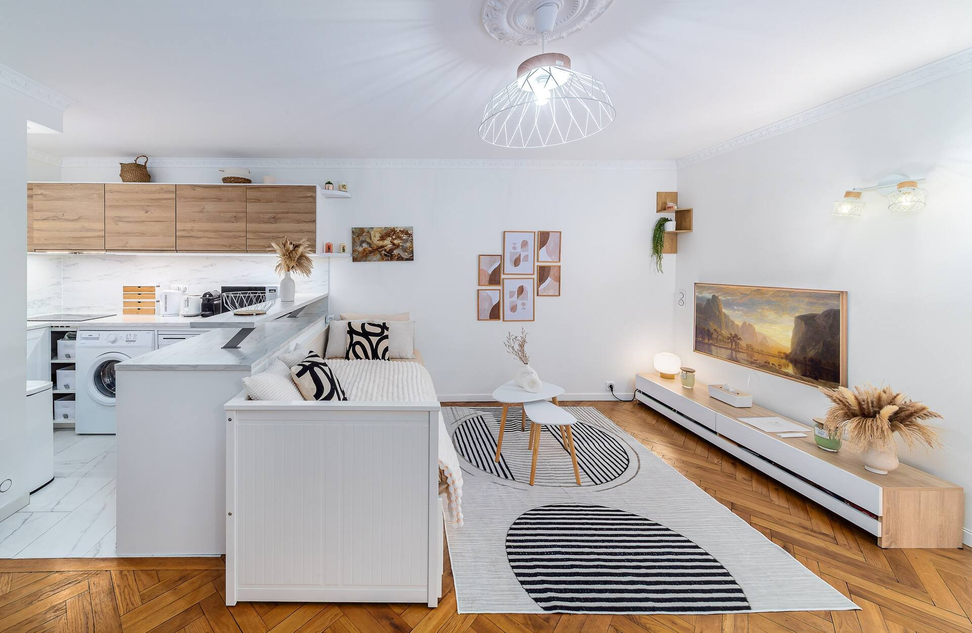 Studio with kitchen and sofa