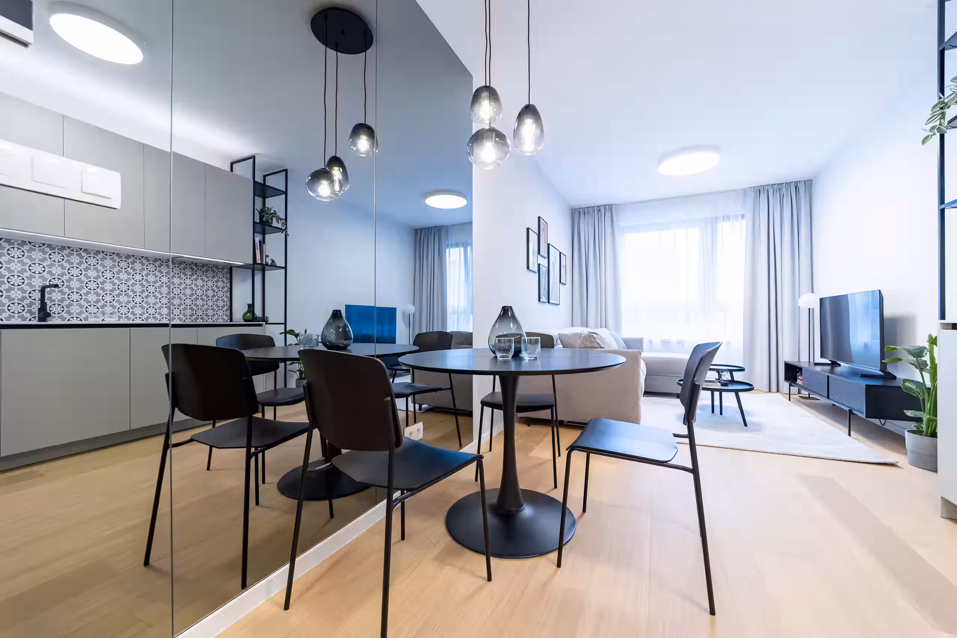 Dining area with pendant lights