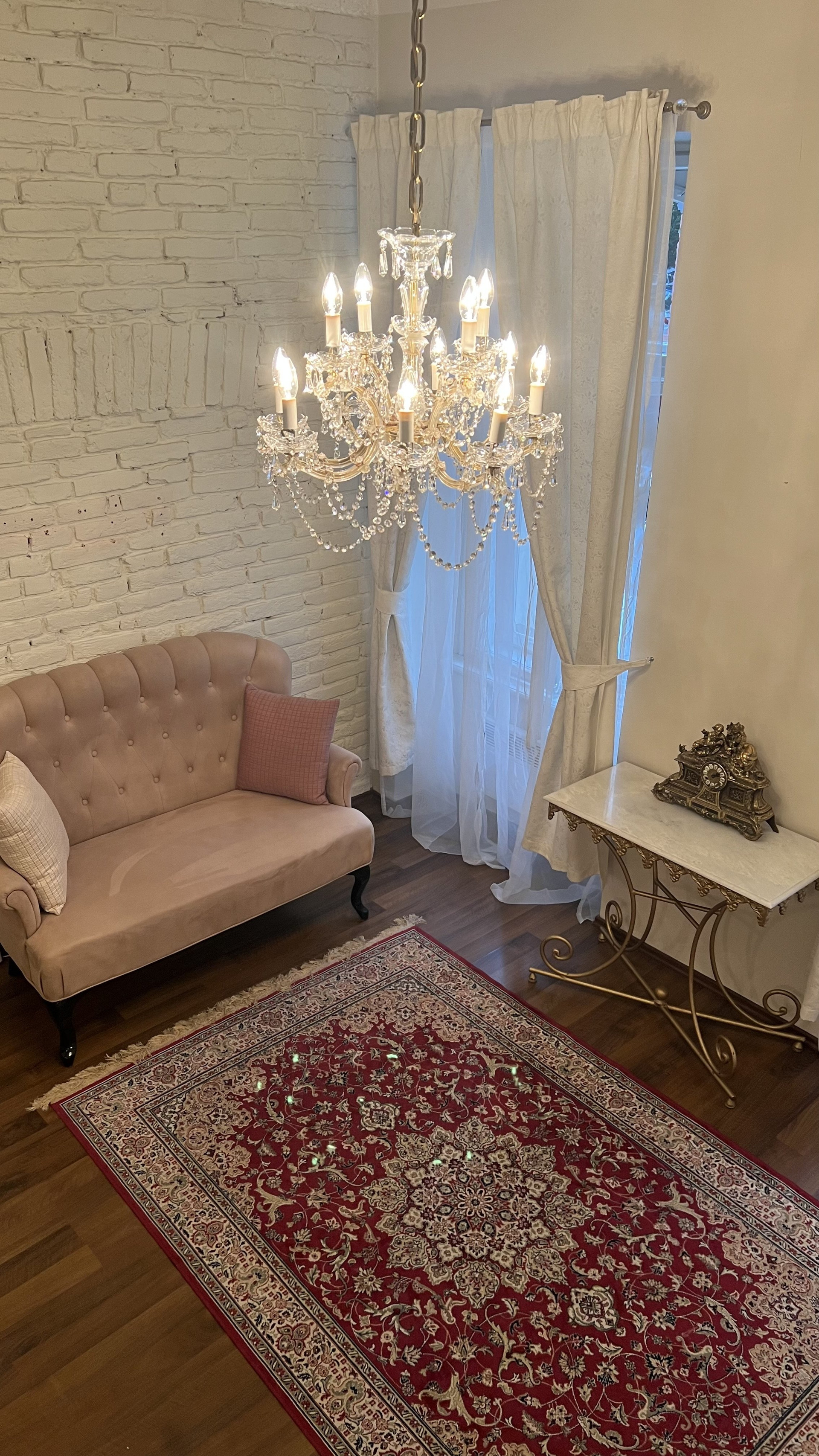 Elegant chandelier sofa Persian rug