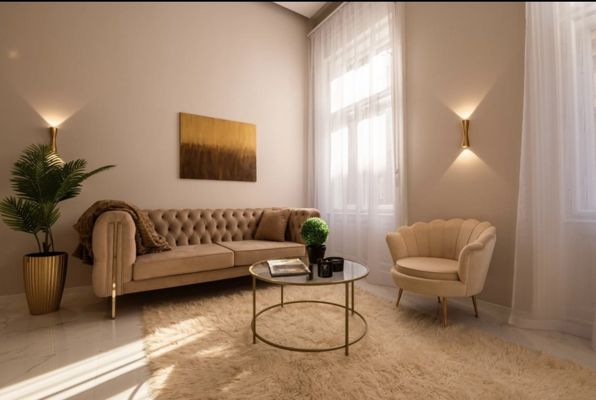 Elegant living room with velvet sofa