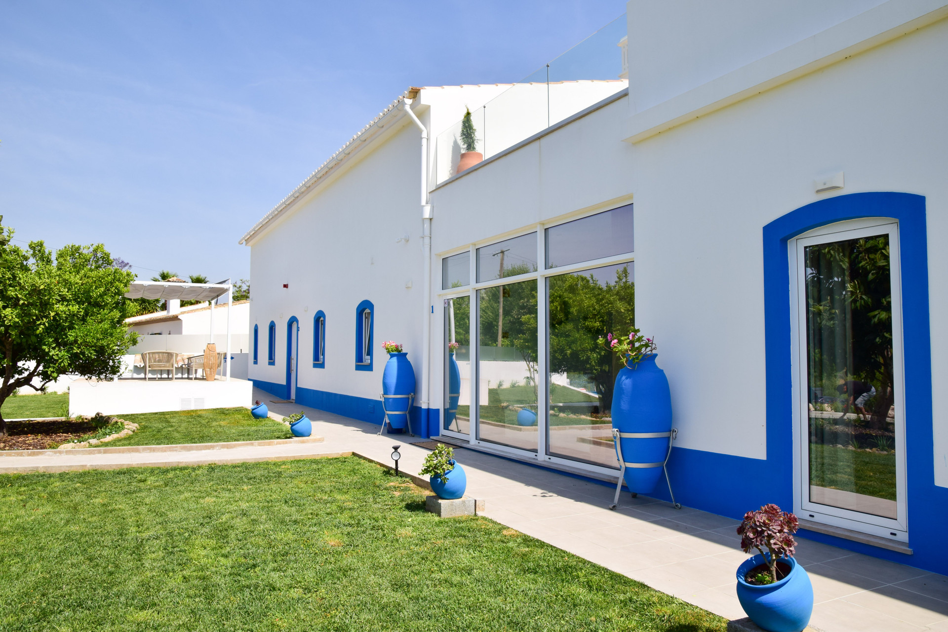 Exterior patio with blue vases