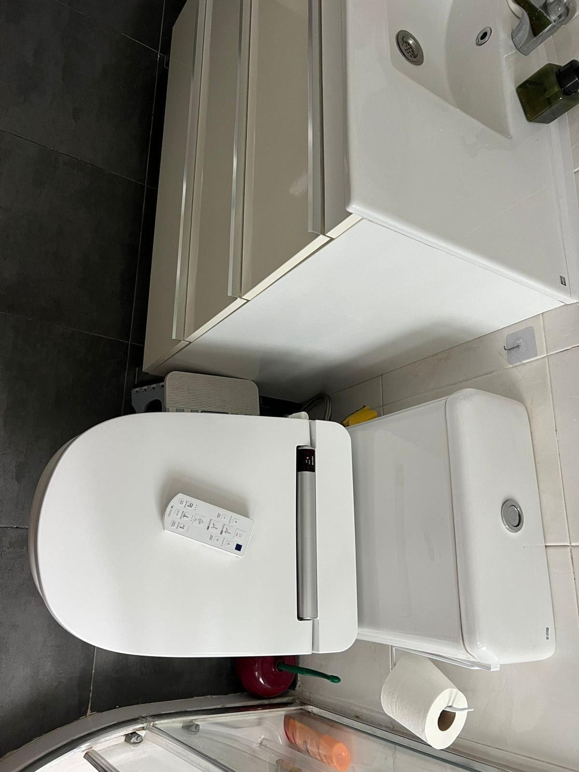 Bathroom toilet and sink dark tiles
