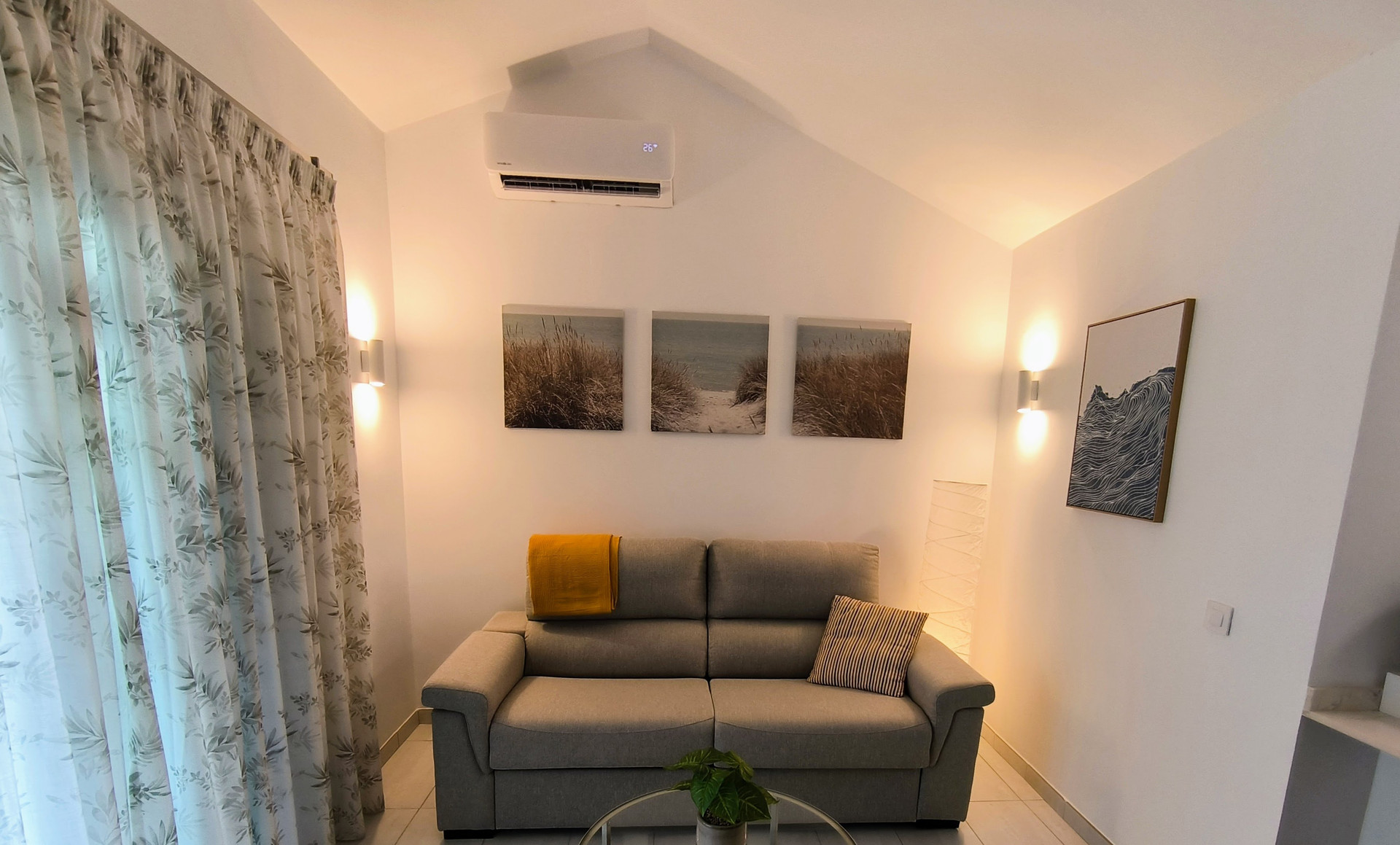Living room with grey sofa