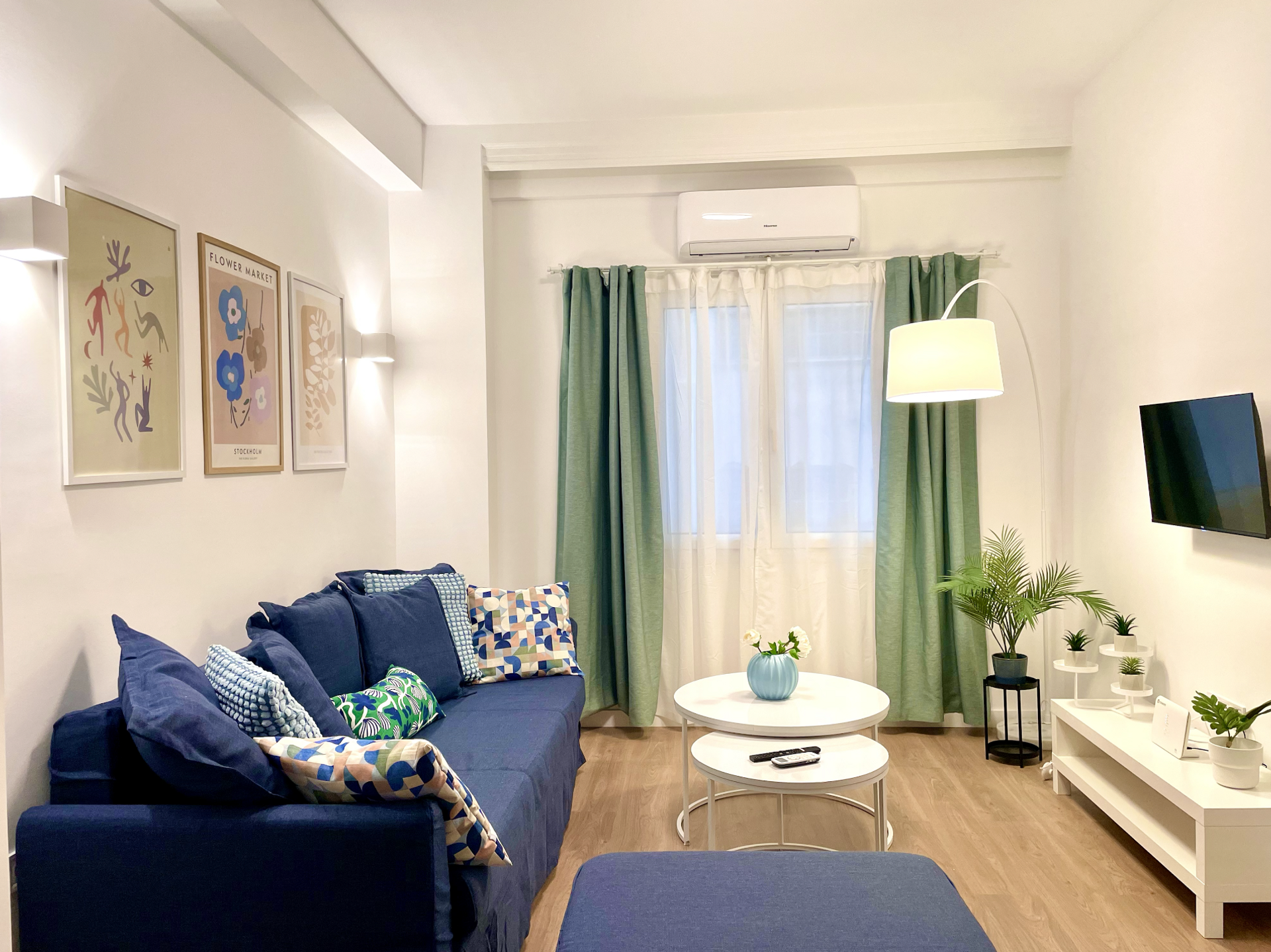 Bright and cozy living room with a calm inner-courtyard view