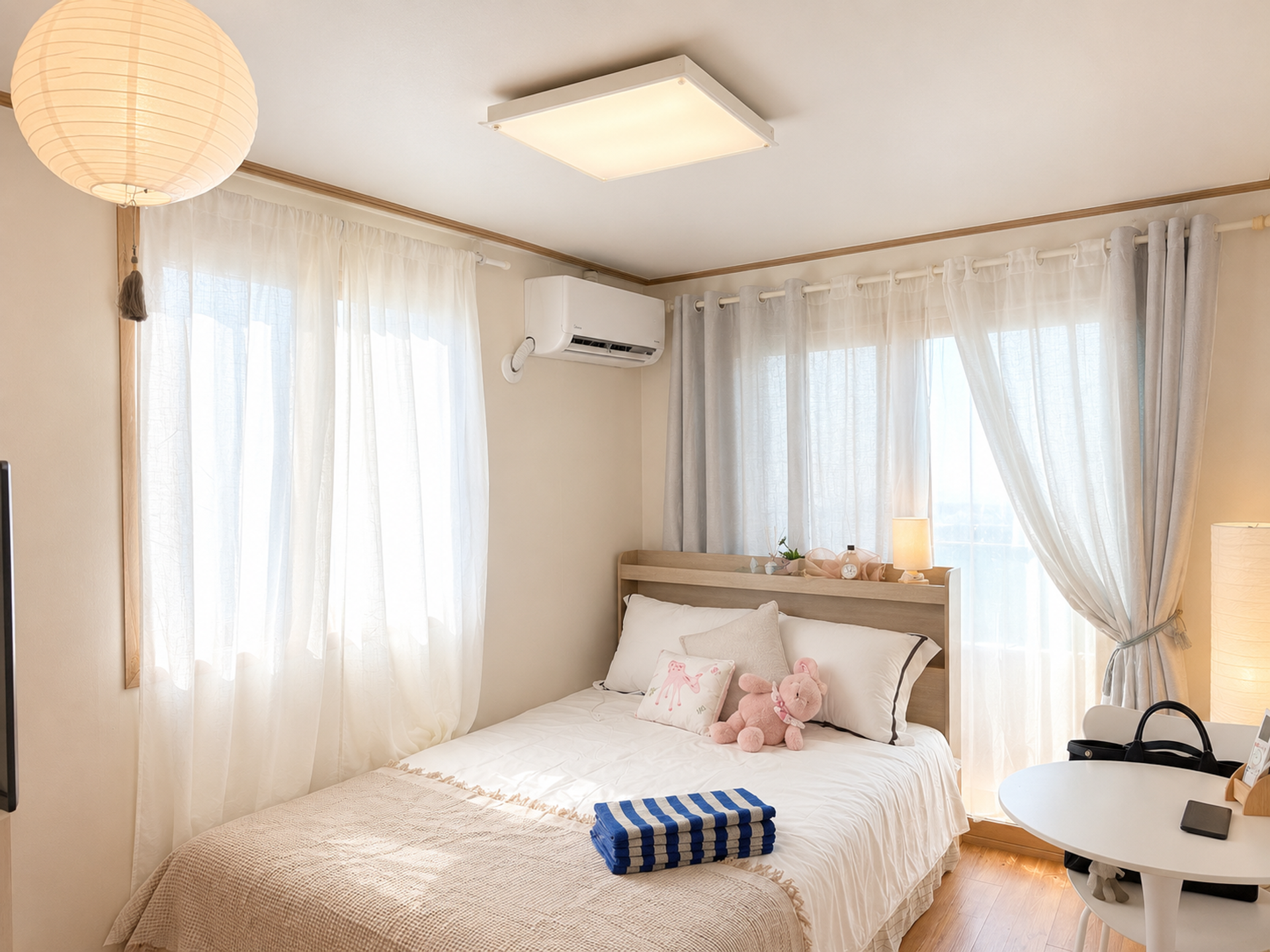 Bright bedroom with paper lantern