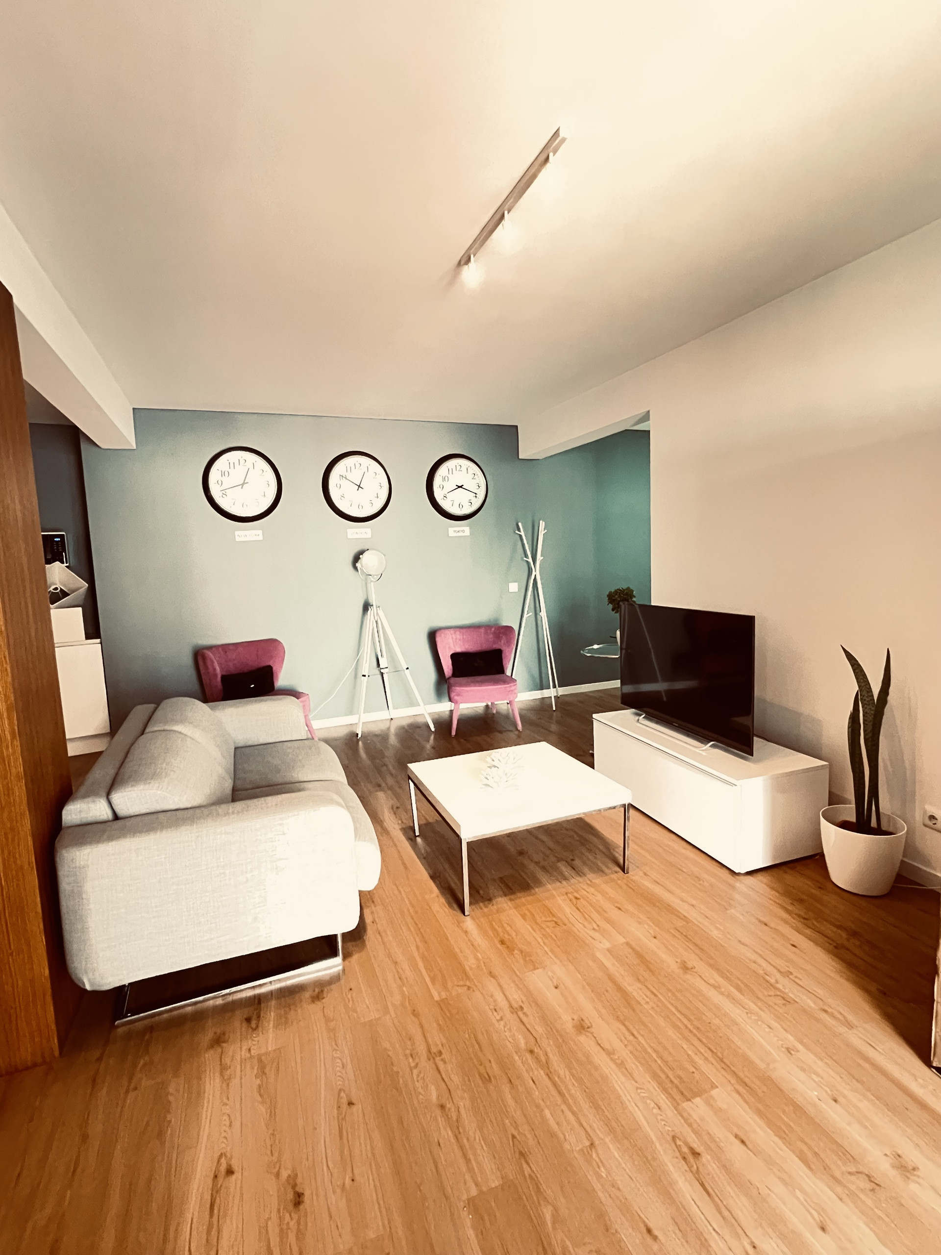 Living room with clocks and TV