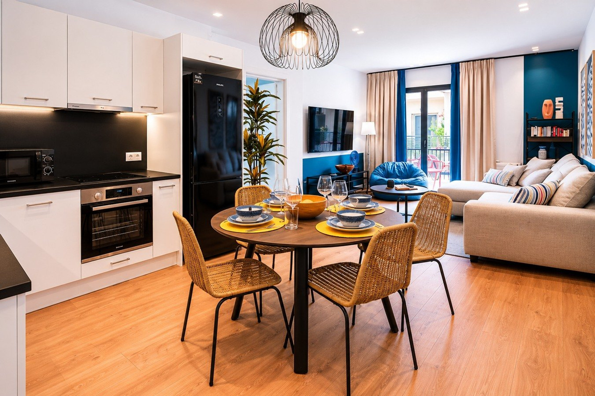 Open living, dining and kitchen area