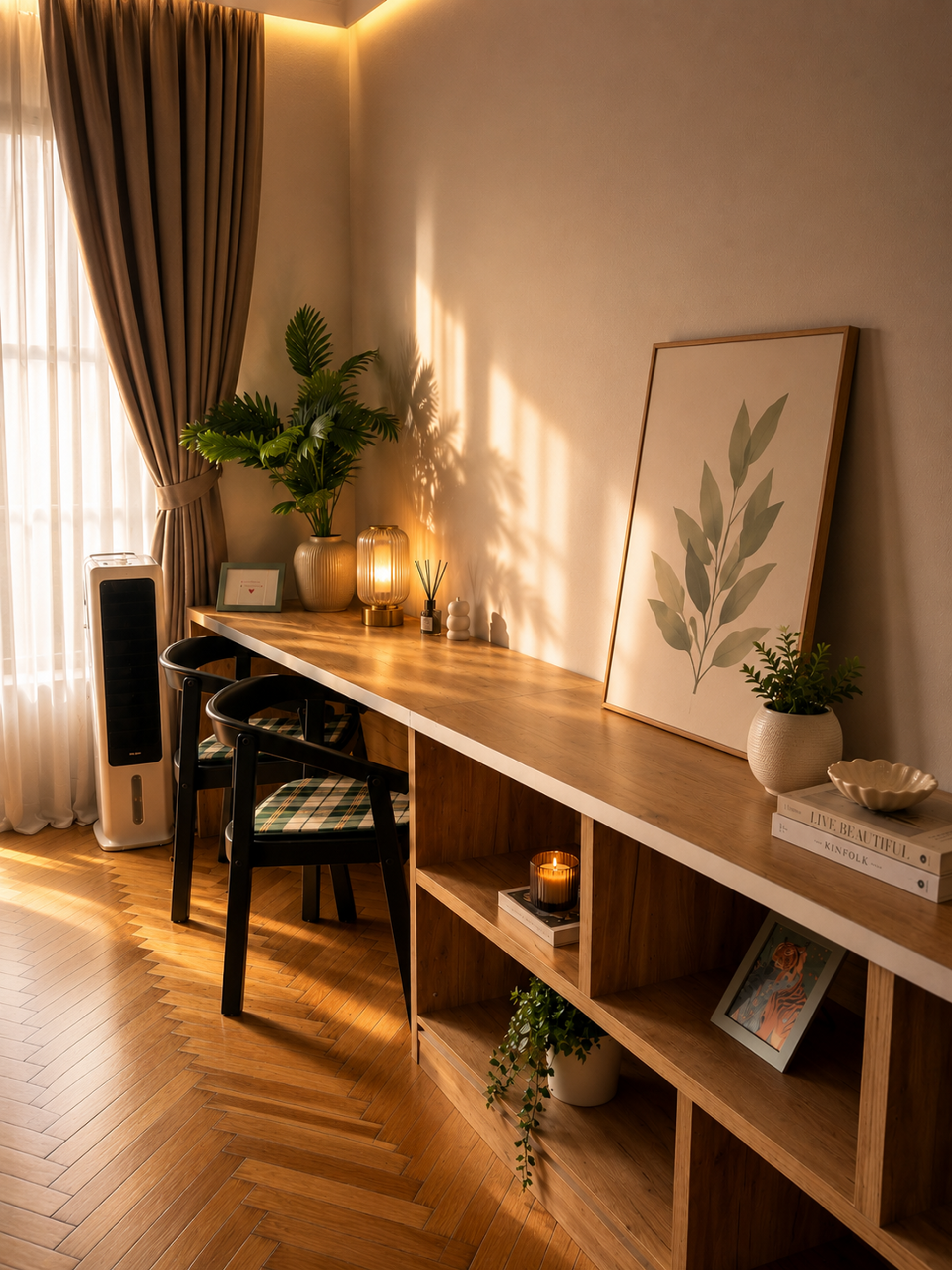 Wooden desk and shelving workspace