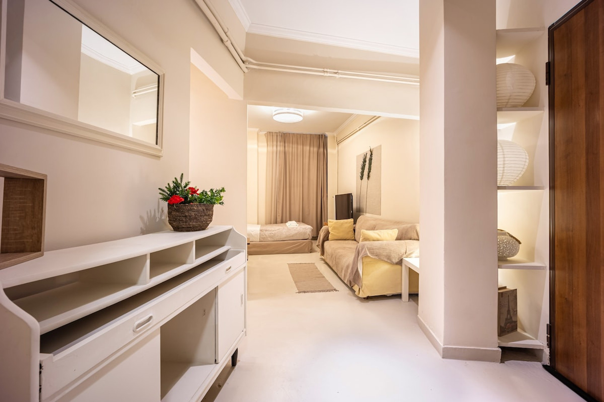 Enjoy the spacious living room with unique style and restful choice of lights 