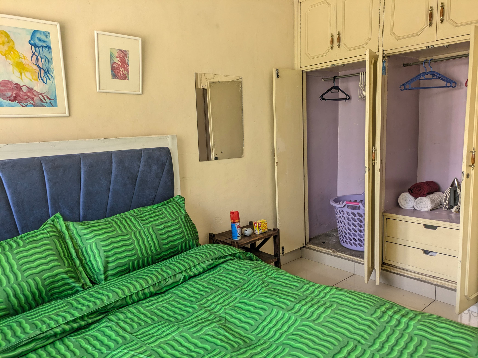 Bedroom with open wardrobe storage