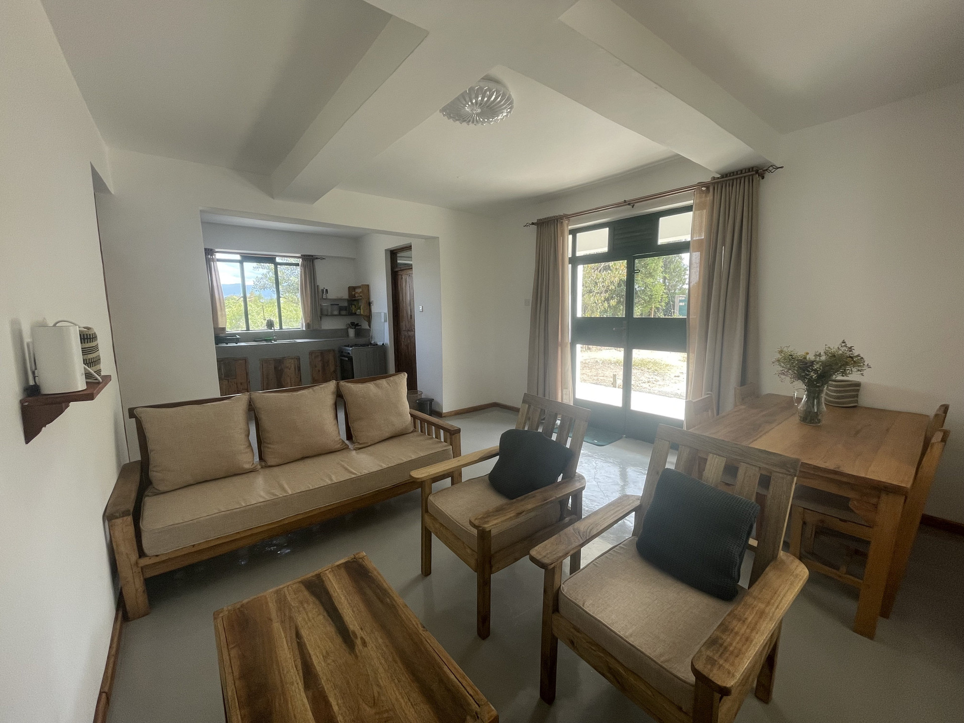 The living room and kitchen