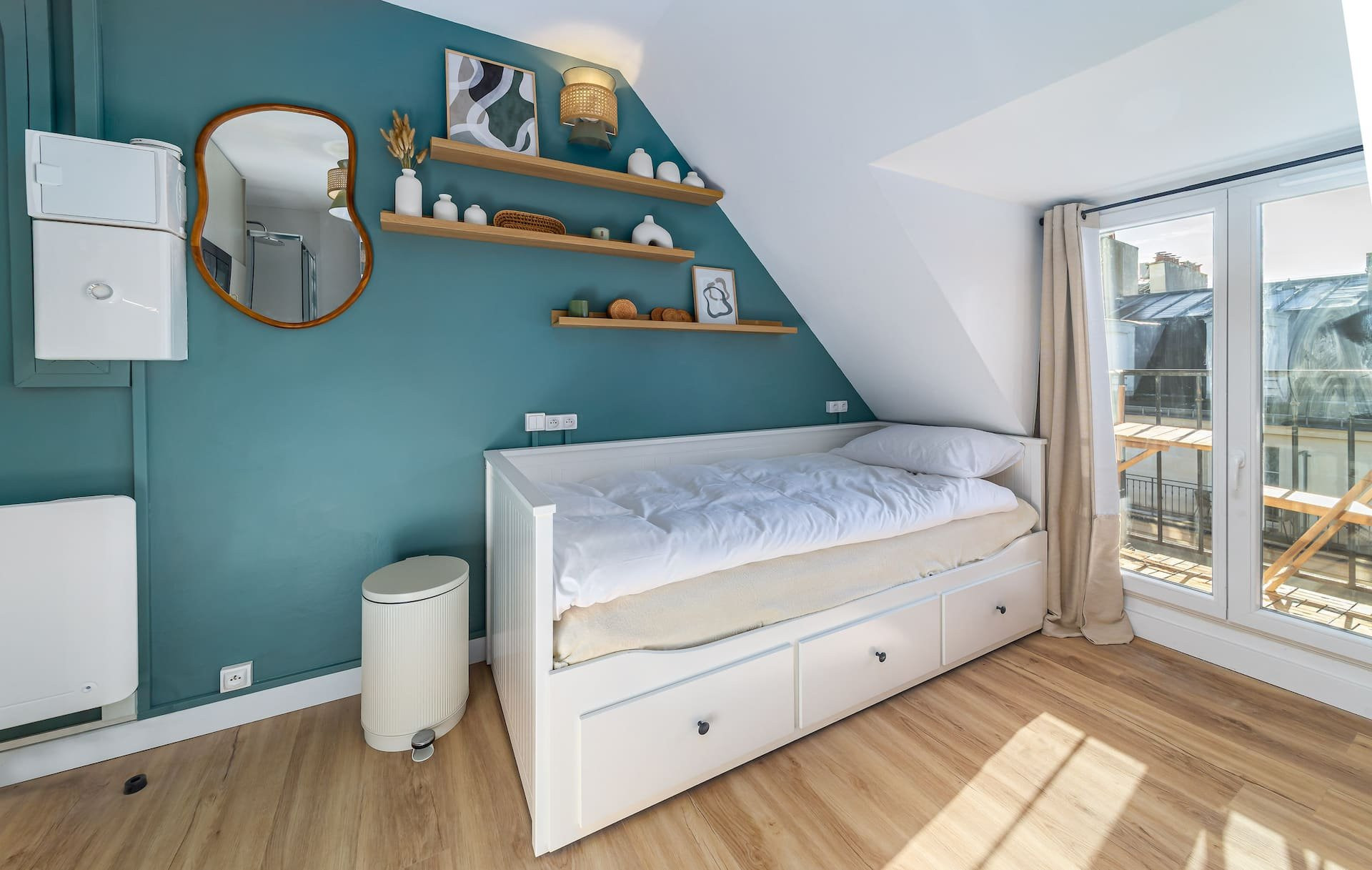 Bedroom with daybed and shelves