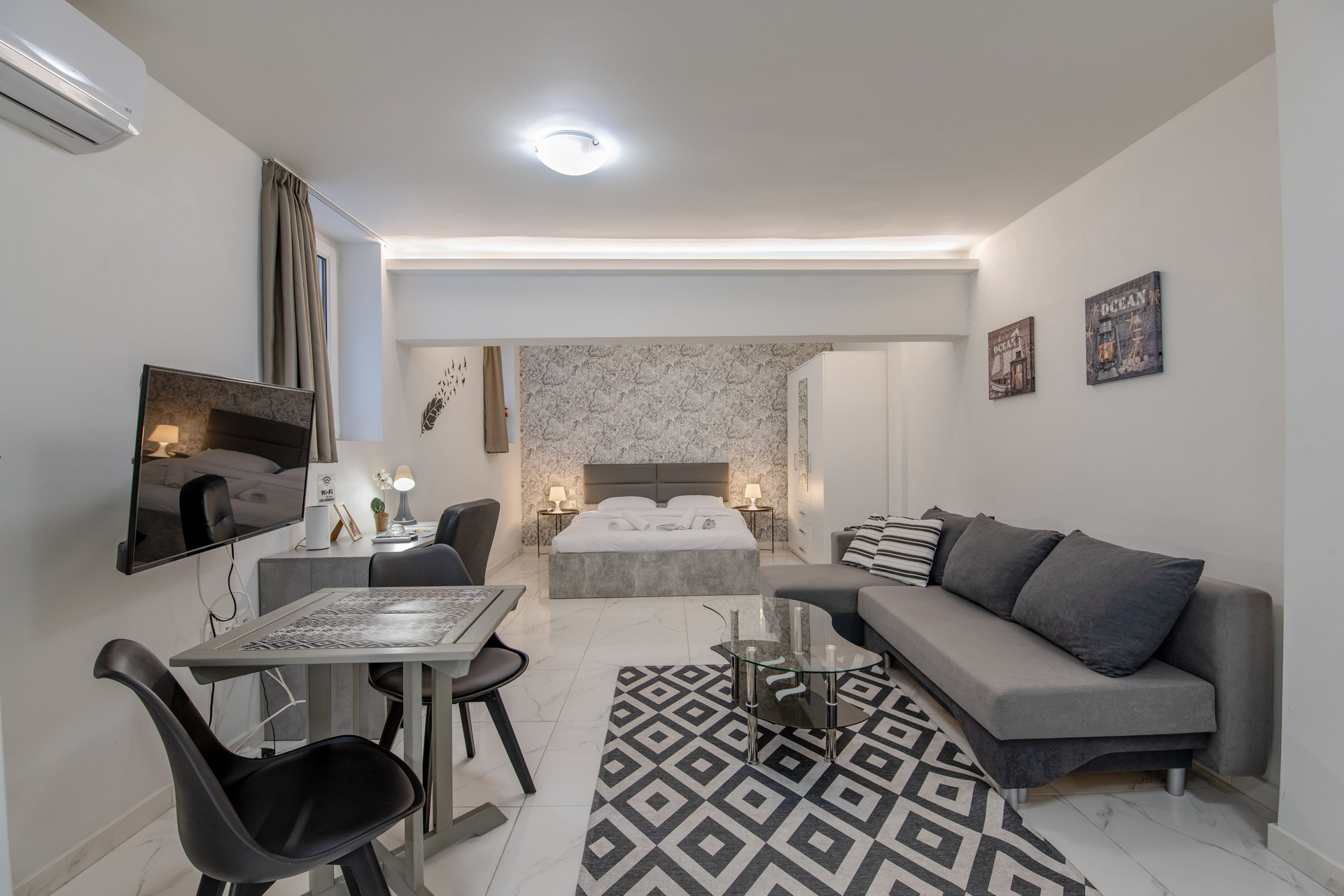 Studio living and sleeping area