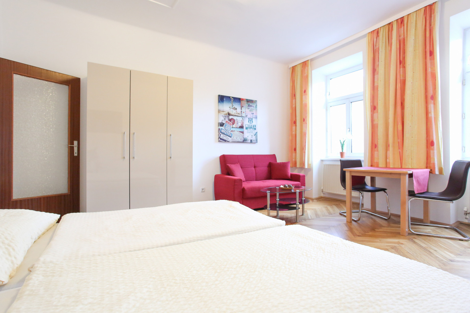 Double bed in living and sleeping room