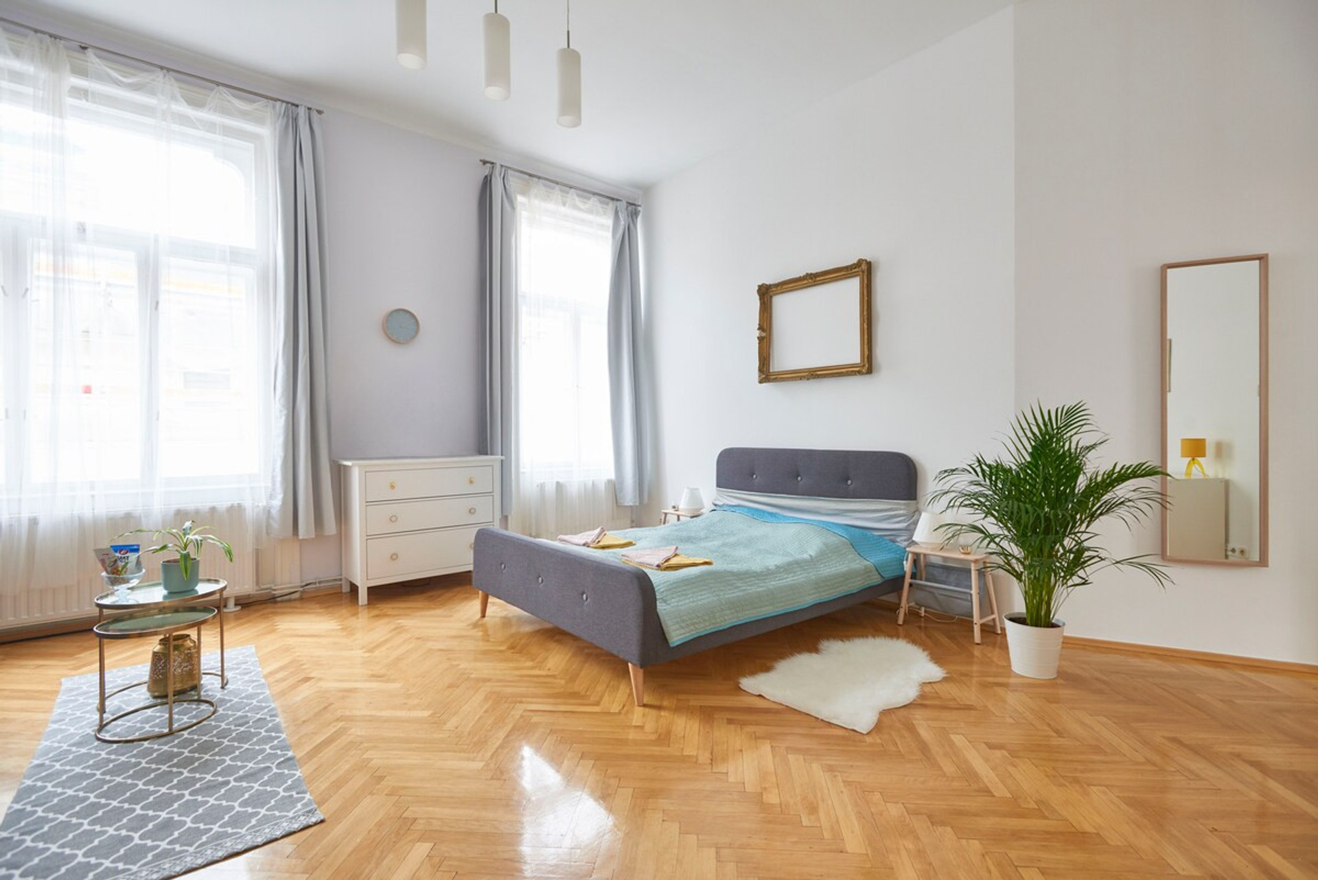 Queen size bed in living room