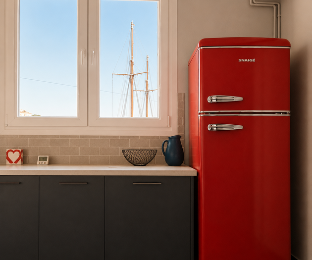 Kitchen with retro red fridge