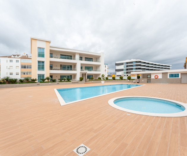 Pool deck with buildings