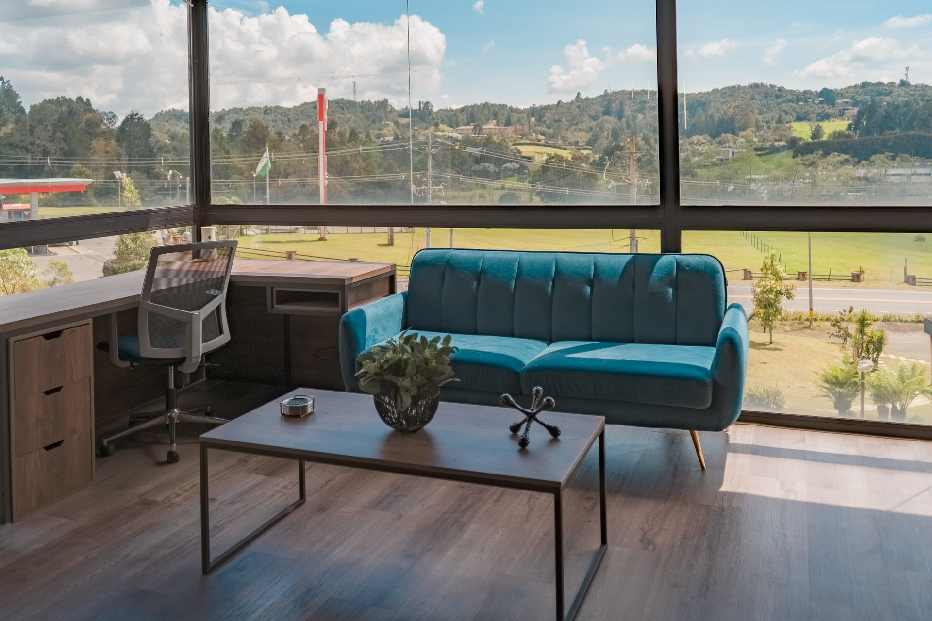 Living room with teal sofa