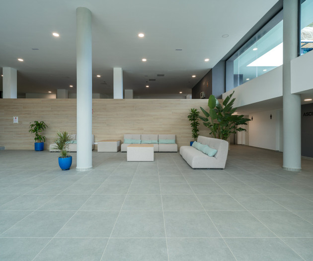 Lobby seating and elevator sign
