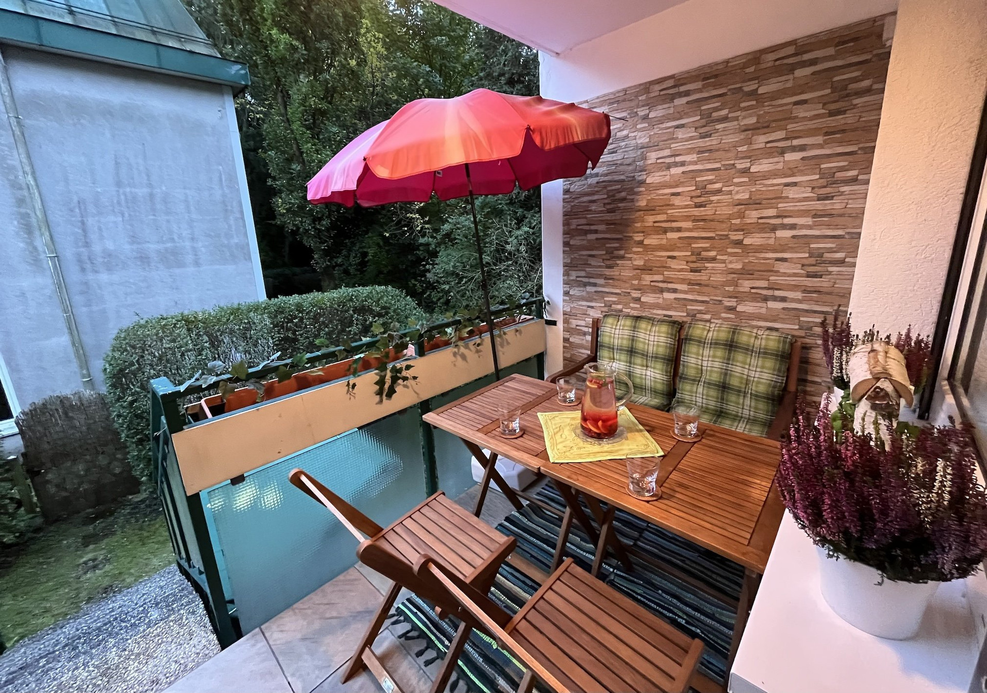 Furnished balcony with solid wood furniture