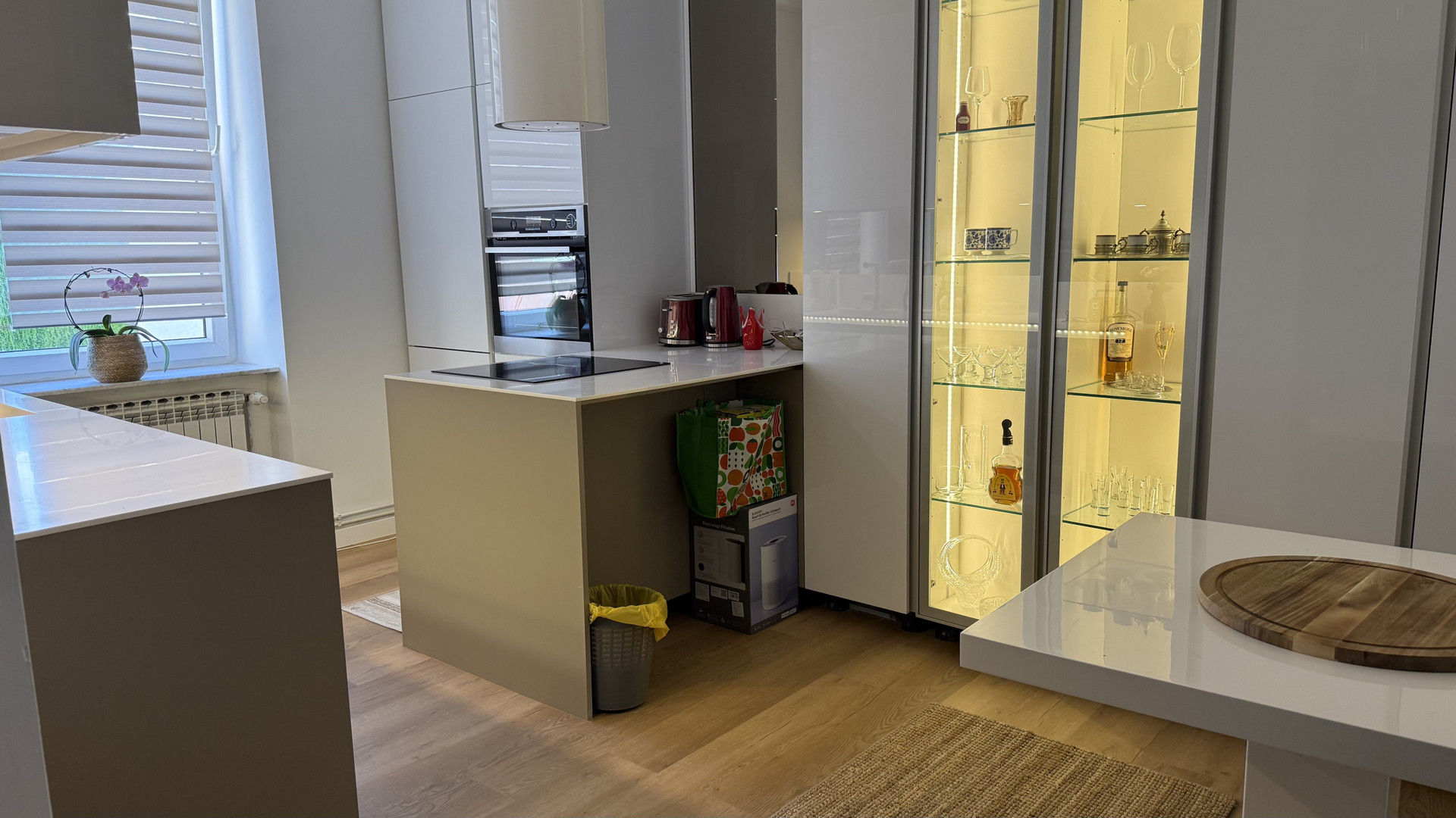 Modern kitchen with glass cabinet